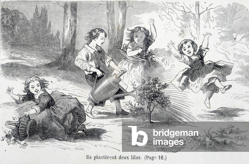 Sophie and her friends plant lilac - in “The misfortunes of Sophie”” by the Countess of Ségur, Hachette, 19th century