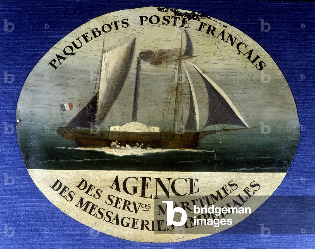 Advertising sign for French mail liner, agency of maritime services of imperiale couriers - painting on wood, late 19th century
