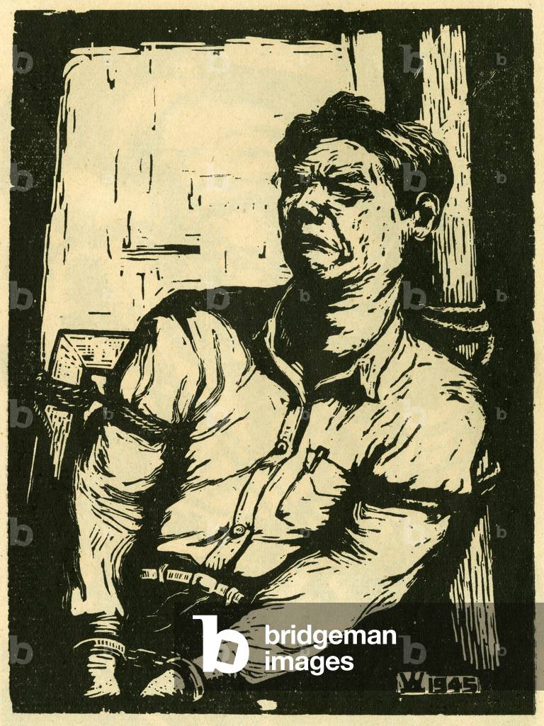 Wang Shu-i's prisoner of war. Wood engraving, in “Woodcuts of war-time China 1937-1945”, Shanghai, 1946.