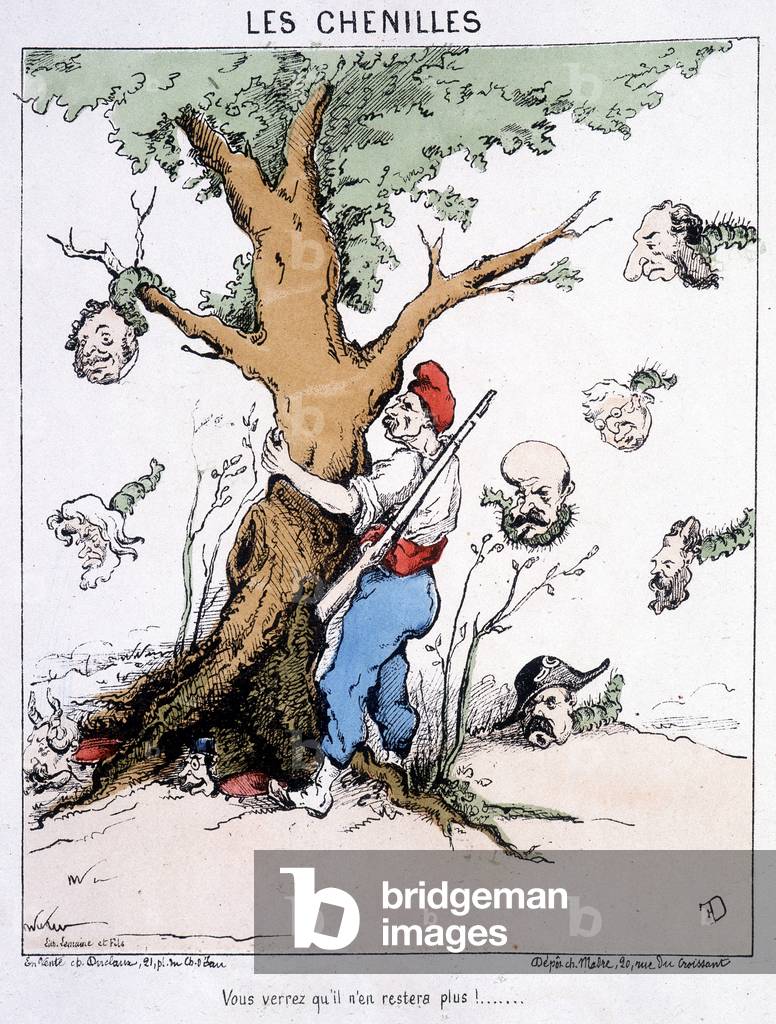 The Caterpillars: “” You will see there will be no more”” (a man wearing a Phrygian cap shakes a tree from which large-headed caterpillars fall: Thiers, etc.). Cartoon about the commune.
