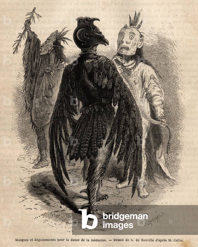 Masks and disguises for the dance of medicine among the Naya Indians. Engraving to illustrate an excursion among the Indian tribes of the basins of Colombia and Upper Missouri, by G. Catlin, in 1855, published in “” le tour du monde””, under the direction of D'Edouard Charton, Hachette, Paris 1869.Selva Collection.