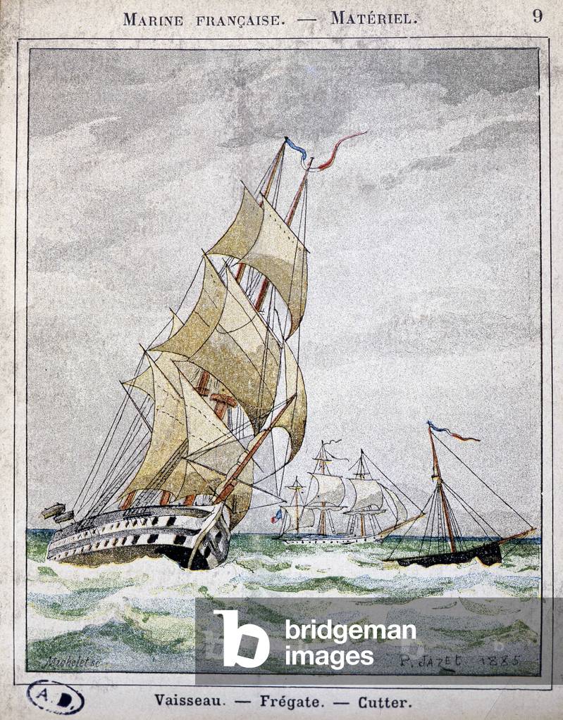 Ship, Frigate and Cutter - French Marine Series, drawing by P. Jazet, chromo., 1885