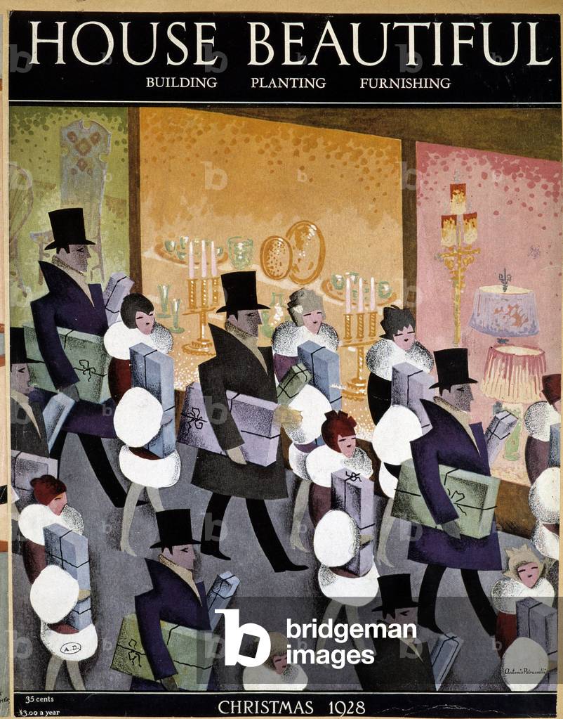 People on the street carrying gifts (Christmas preparations) - by Petruccelli, couv. “House Beautiful”, 1928.