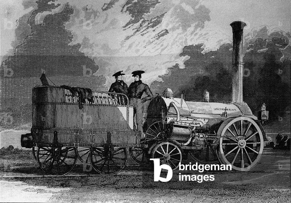 Robert Stephenson's locomotive for the railway from Liverpool to Manchester in 1831 - engraving, 19th century