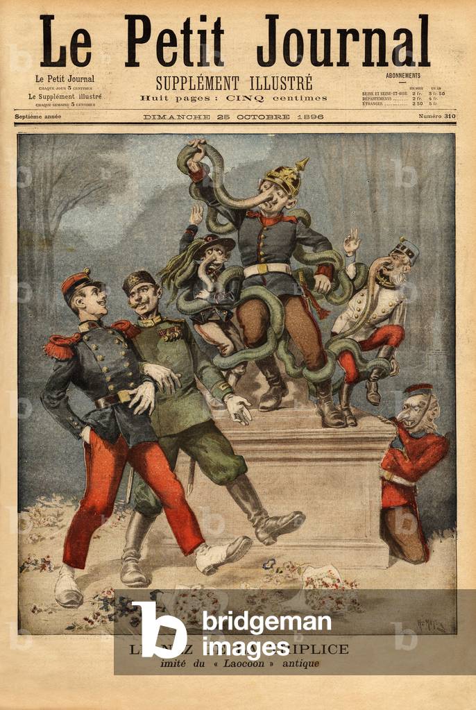 Caricature allegory about the triplice or triple alliance between Germany, Austria-Hungary and Italy, watching the other European alliance pass, France with Russia. Engraving in “” Le petit journal”” 25/10/1896. Selva's collection.