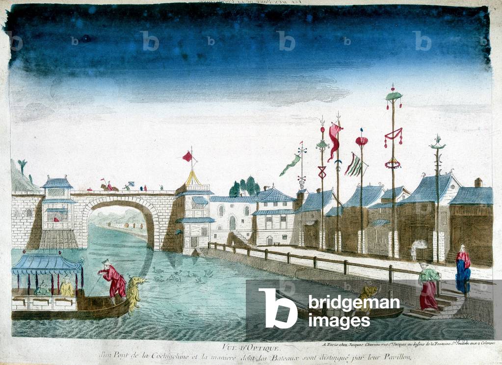 Bridge of Cochinchine and boats are distinguished leaving the pavilions. Engraving from the end of the 18th century