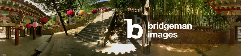 The staircase decorates multicolored lanterns and bamboo at the temple of Pomosa. 360 degree panoramic by Leonard de Selva, Korea, 1999.