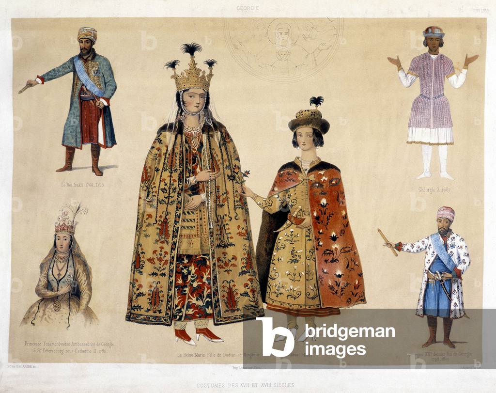 Georgian costume board in the 16th and 17th centuries: King Irakli (1744 - 1798), Gheorghi X (1687), Princess Chartchevadze (Ambassador of Georgia to St. Petersburg under Catherine II 1780), Queen Mary (daughter of Dadian of Mingrelie with her son Otthia 1660) and George XIII (last king of Georgia 1798 - 1800).