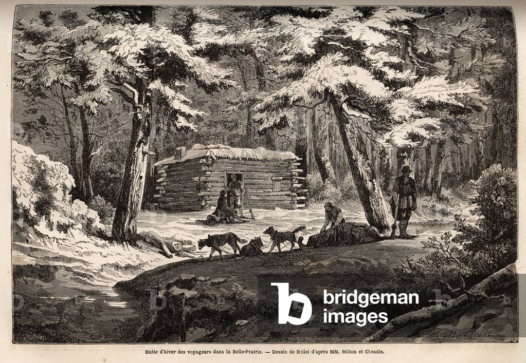 Traveller's winter hut in the beautiful meadow (Canada), refuge for trappers and their sledding. Engraving to illustrate the voyage from the Atlantic to the Pacific (route du nord ouest par les terres), in 1862-1864 by Viscount Milton and Doctor Cheadle, in “Le tour du monde, nouveau journal des voyages”, published under the direction of Edouard Charton, 1866, Paris. Selva Collection.
