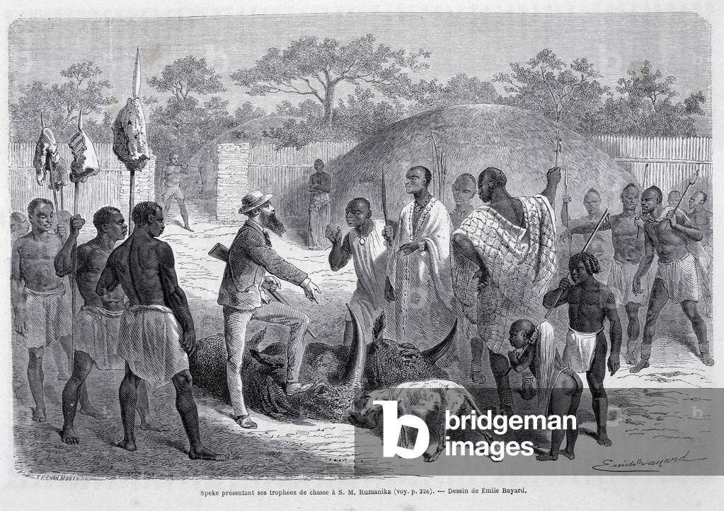 Speke presenting his hunting trophees to S.M. Rumanika - in “” Tour du Monde””, 1st week 1864