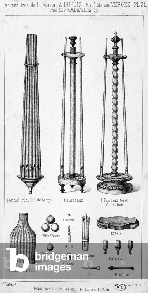 Accessories of the house A. Dupuis including lamps, tools and games, presented in catalogue form.