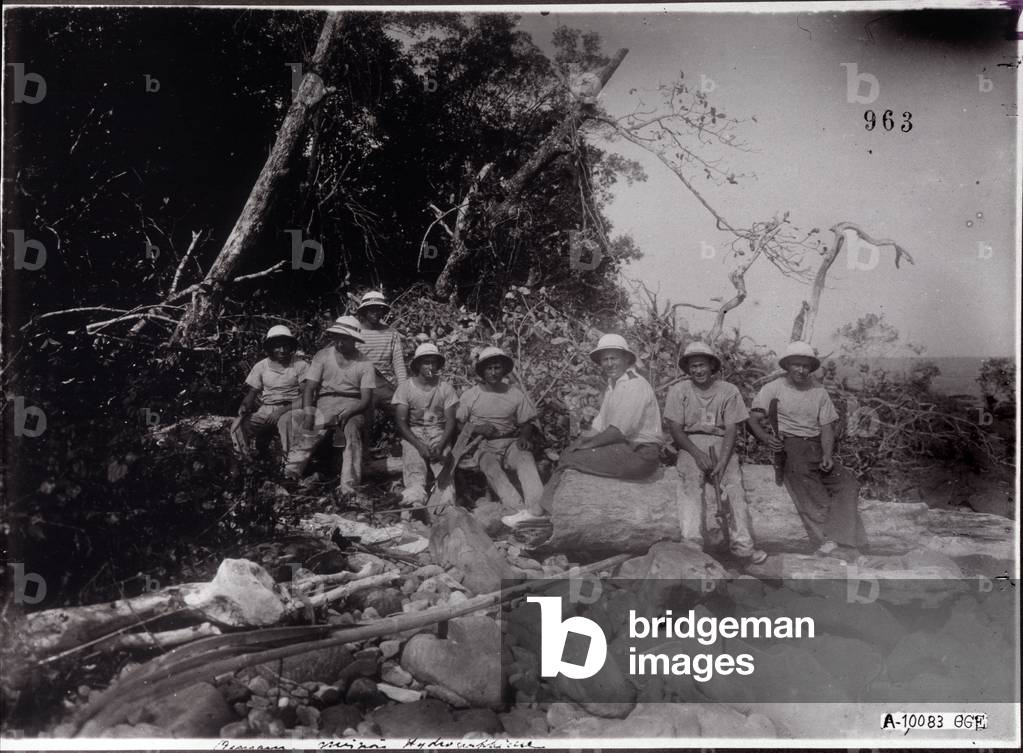 Former colony of French Indochina: Group of men on hydrographic mission, Annam, Vietnam, ca. 1930