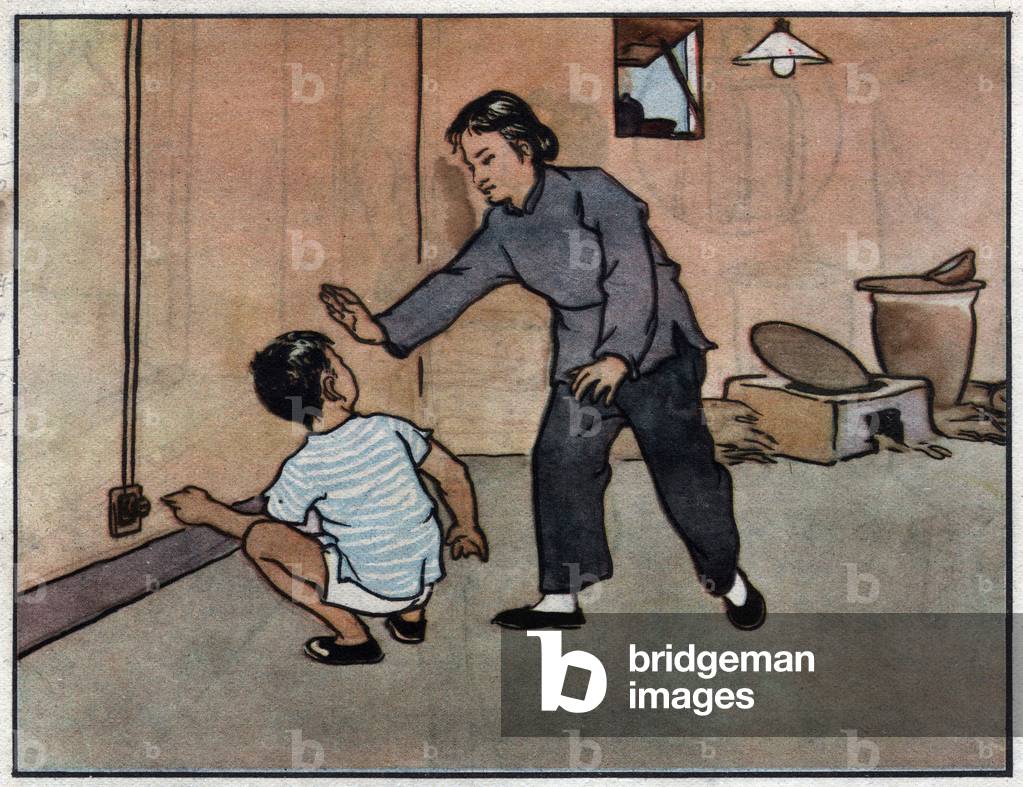 Drawing, mother warning her child of the danger of electrical sockets. Illustration, in “How to use electricity safely”, China, 1958.
