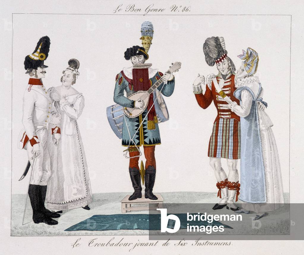 Saltimbanks: The troubadour playing six instruments - in “” Le bon genre””, deb. 19th century