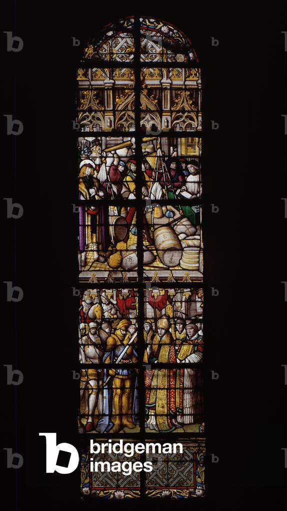 A right to weights and measures, guaranteed by the presence of an appropriate controller (top). Chilperic welcomed by the eveque of Tournai after the defeat by his brother Sigebert (bottom). Stained glass at the Cathedrale de Tournai: Transept right (3).