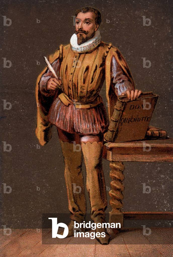 Portrait of Cervantes holding his book 