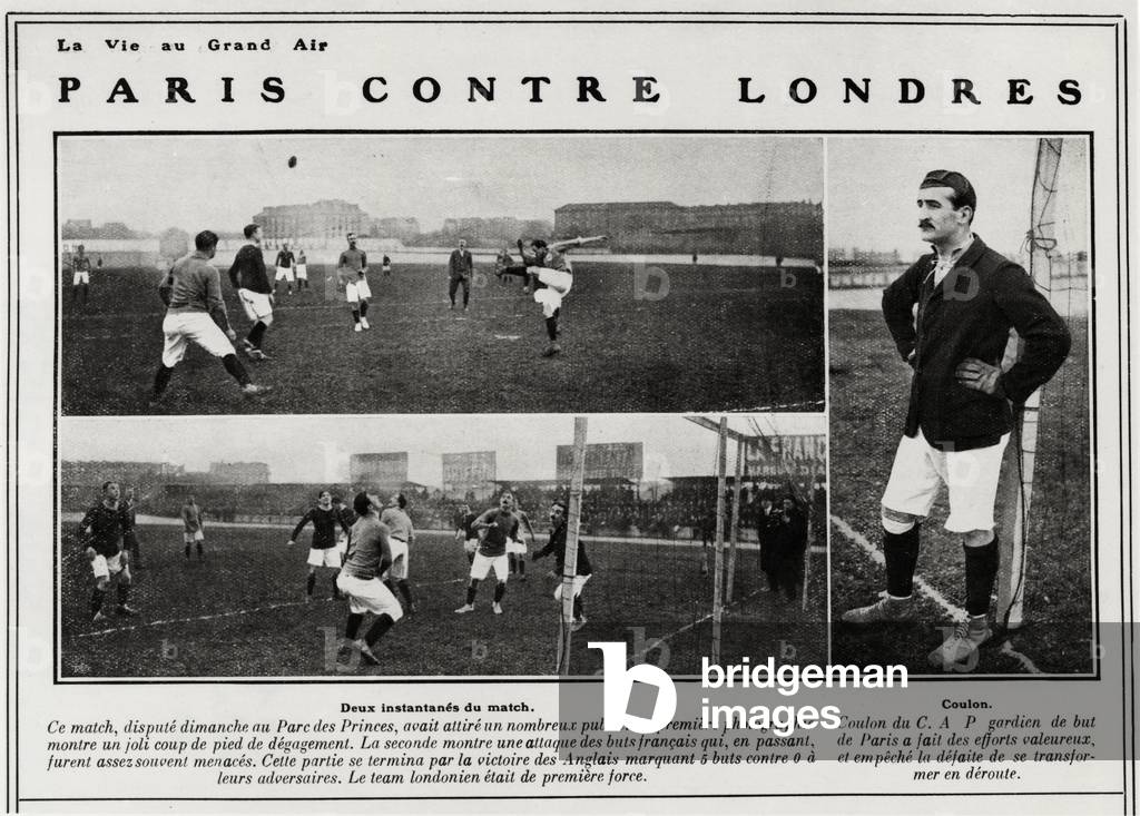 Paris - London football match (score 0-5) at Parc des Princes; Parisian goaltender, Coulon - in 