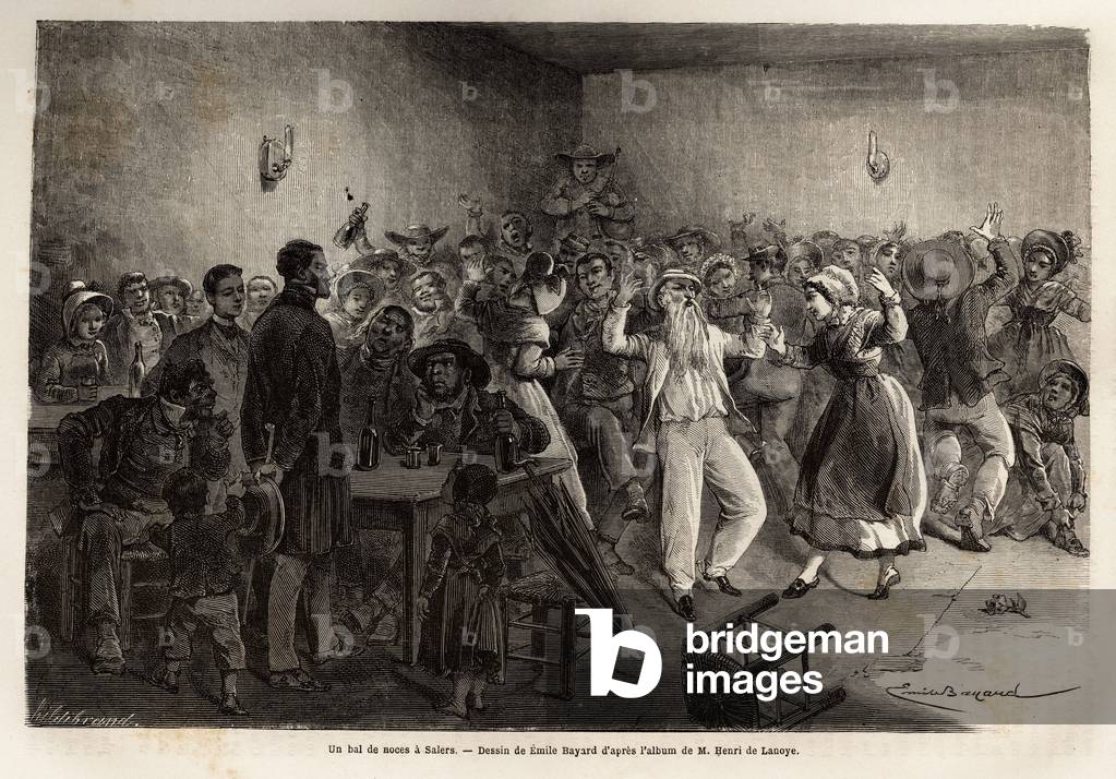 A wedding ball in Salers, engraving to illustrate a journey to the volcanoes of central France in 1864, in “Le tour du monde, nouveau journal des voyages”” published under the direction of Edouard Charton, 1866, Paris. Selva Collection.