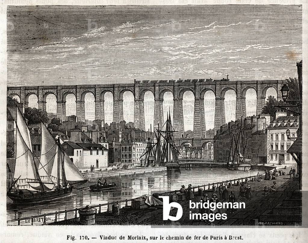 Viaduct de Morlaix, on the railway from Paris to Brest (France). Engraving by Lebreton et Marchand, in “” Les Merveilles de la Science”” by Louis Figuier (1819-1894), Jouvet et Cie edition, 1867.