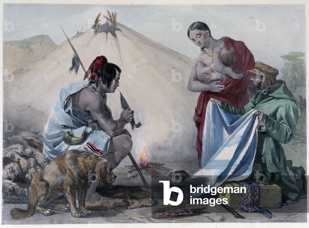 Fur barter for fabric between Canadian Huron Indians and white man - in “” Shyth's sketches in the Canadas”” by Coke Smyth, London, 1838