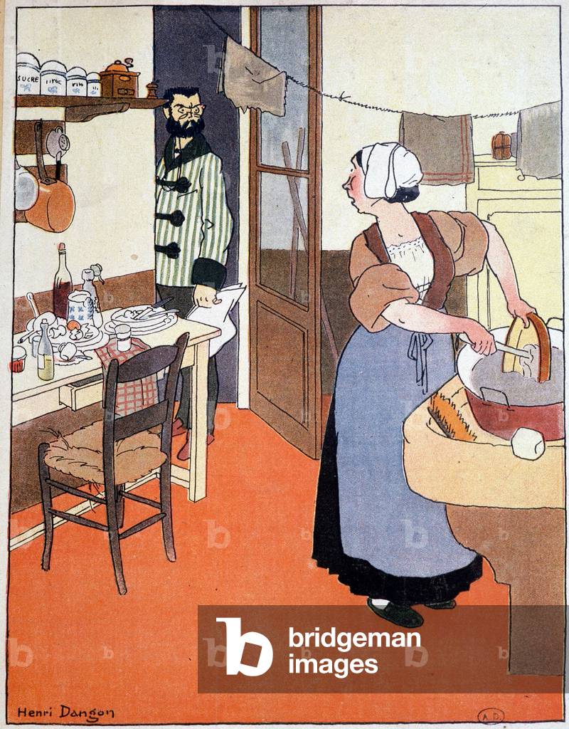 Single and his servant doing dishes - drawing by Dangon, 1904