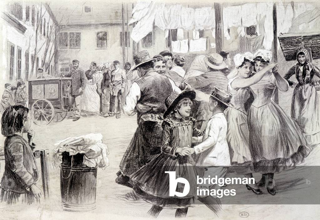 Barbary organ and people dancing in Germany - drawing, n.d., Arts Deco.