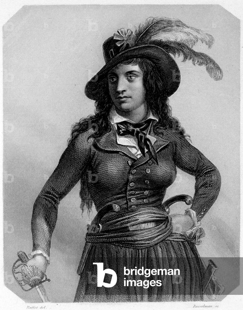 Portrait of Anne Josephe Terwagne, known as Theroigne de Mericourt (1762-1817), French revolutionary. In “L'histoire des Girondins”” by Lamartine, 1847.