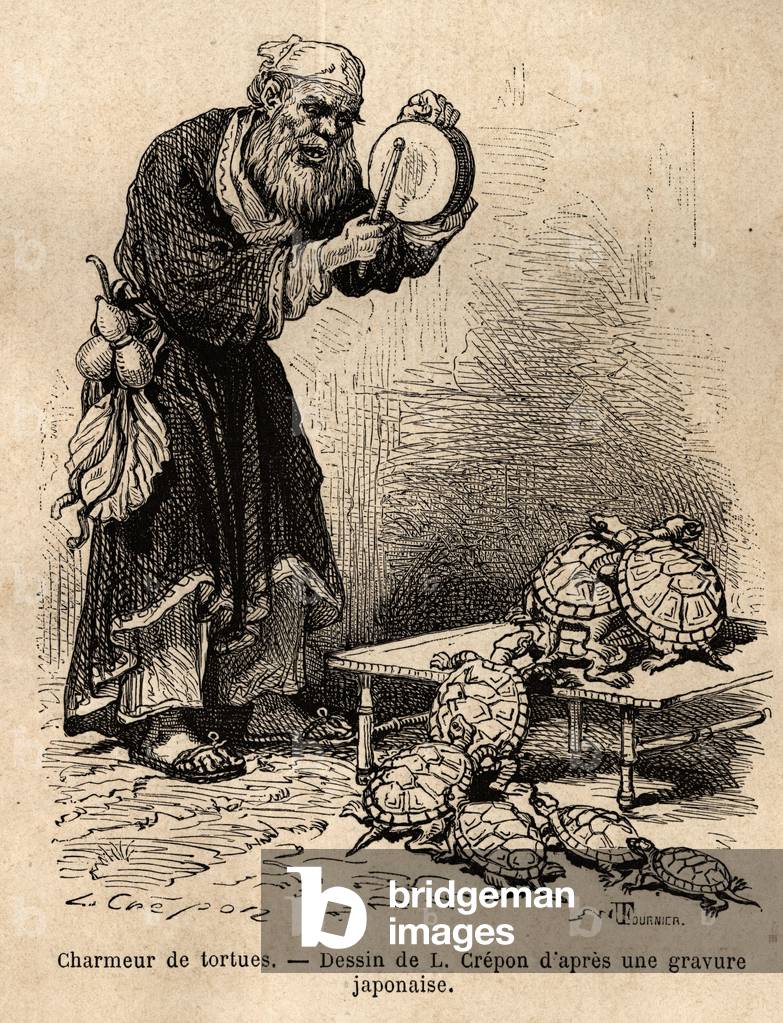 A turtle charmer, belonging to the intermediate jam between beggars and fairy charlatans. Engraving to illustrate the journey to Japan, by Aime Humbert, minister of the Swiss Confederation, in 1863-1864, published in “” le tour du monde””, under the direction of Edouard Charton, Hachette, Paris 1869.Selva Collection.
