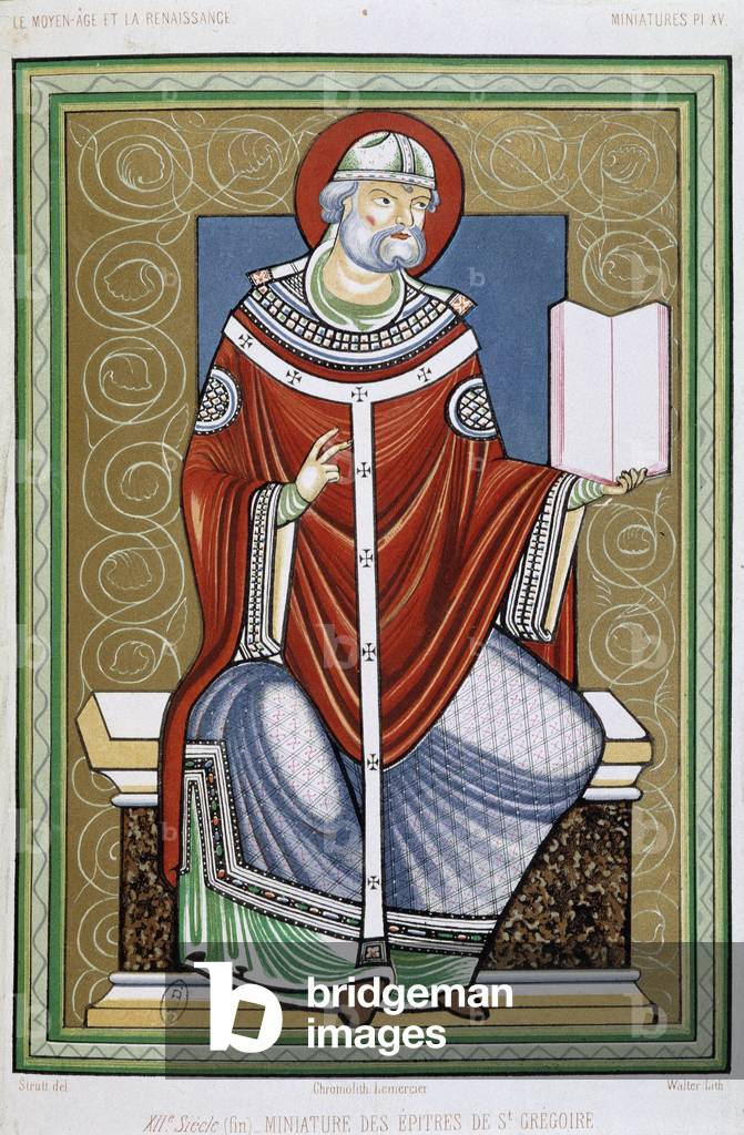 Portrait of Saint Gregory, chromo 19th from miniature of the Epistles of Saint Gregory, 12th century.