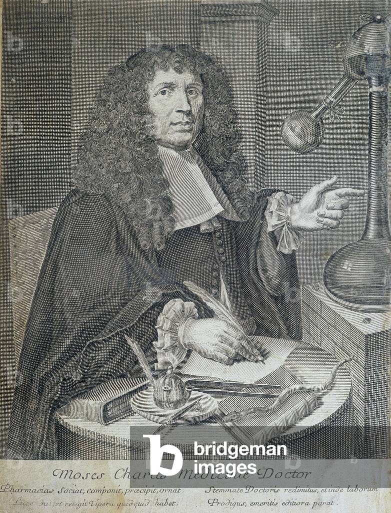 Frontispice of “” Pharmacopoeia royal, galenic and chymic”” by Moses Charas, Pharmacy at the Royal Garden of Plants at Laurent d'Houry, Paris. 1 version 1691 and 1 version 1753