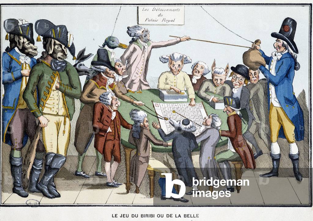 The game of biribi or beauty: the delights of the Royal Palace - based on a satirical print of the revolutionary era, late 18th century