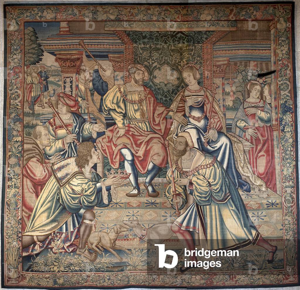 Cycle of Oedipus: Oedipus and Jocaste - On the left, Oedipus figures the enigma of the sphinx, in the center, Oedipus sits on the trone next to Queen Jocaste, her mother - Tapestry, (415 x 417 cm), cardboard attributed to Bernard van Orley (Barend, Barent, Bernaert van Brussel, 1488-1541) and at the workshop Pieter Coecke van Aelst the Elder (1502-1555), 1525-1535 - Belgian Art, 16th century - Musee de Lamego (Portugal)