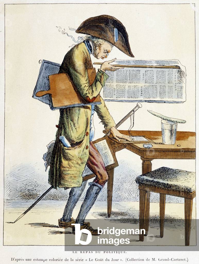 Man reading the press, “The meal of politics”” - based on a colourful print from the series “The taste of the day”, 18th century.