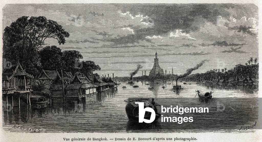 General view of Bangkok (Thailand), drawing by E.Bocour, to illustrate Henri Mouhot's journey to the kingdoms of Siam, Cambodia and Laos from 1858 to 1861. Engraving in “” Le tour du monde””, edited by Edouard Charton, 1863. Selva's collection.