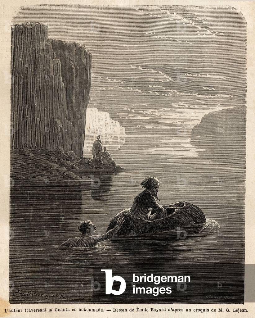 P.Marcoy on a hokoumada, (boat in the shape of a basket, made of a dry beef skin), pushed by a swimmer, to cross the Goanta (Perou River). Drawing by Emile Bayard (1837-1891), to illustrate the voyage from the Pacific Ocean to the Atlantic Ocean, 1846 to 1860, by Paul Marcoy. Engraving in “” Le tour du monde””, edited by Edouard Charton, 1865. Selva's collection.