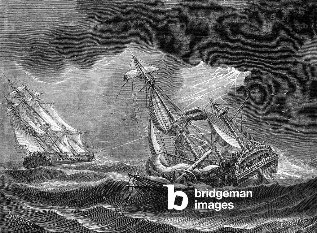 Captain Cook's ship spared, thanks to its lightning rod, near a Dutch ship struck by lightning - engraving, 19th century