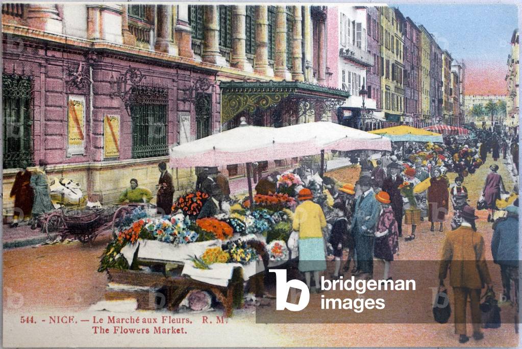 Nice, the walk with flowers. Old postcard, colorisee photography early 20th century.