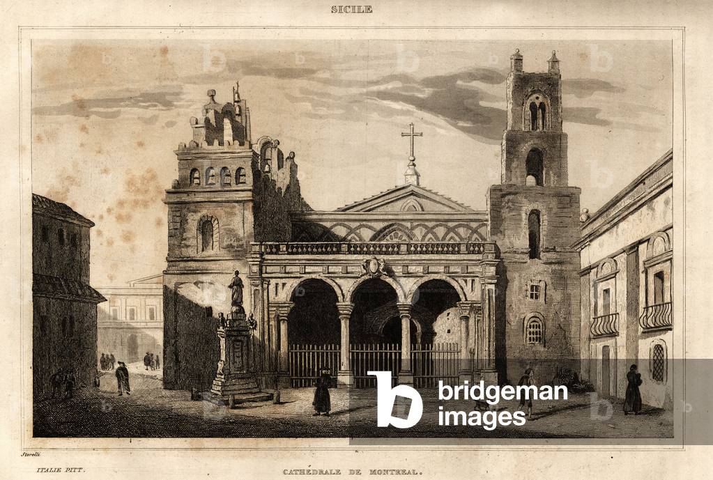 La cathedrale de Montreal, (Monreale) en Sicily, engraving by Storelli, in “” Italie picturesque””, Amable Coste editor, 1836.
