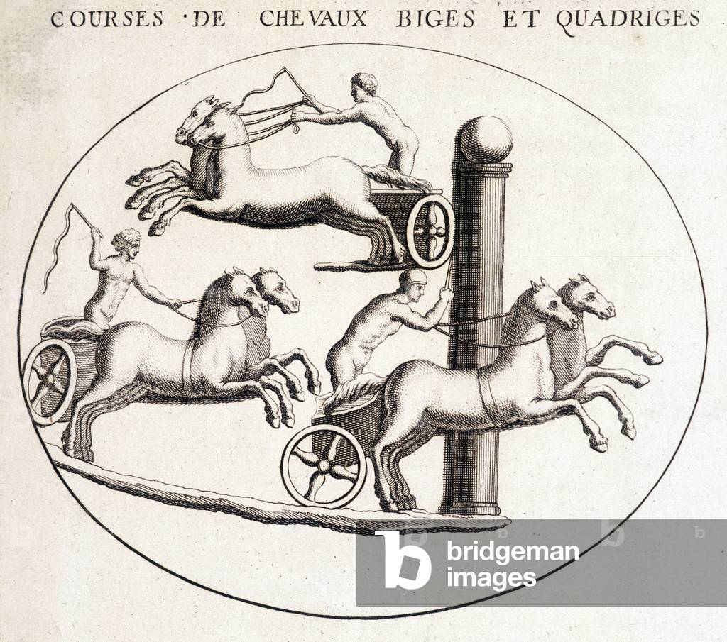 Biges and quadriges horse races. 19th century engraving.