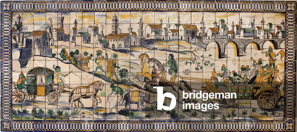 Singerie, the marriage of the hens - Tile panel, circa 1665, from the old farm of Cadriceira, in Turcifal, Torres Vedras (Portugal) (The Chicken's wedding, Tile panel, circa 1665) - Musee national des azulejos, Lisbon (Portugal)