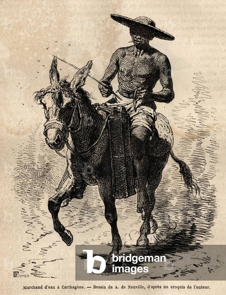 A water merchant in Cartagena (Colombia), water is scarce and his trade is lucrative, the seller still owns a mullet, fills bamboo trunks with liquid, which he sells at random from the streets. Engraving to illustrate the voyage to New Granada, by Dr. Saffray, in 1869, published in “” Le tour du monde””” 1872, edited by Edouard Charton, edition Hachette, Paris. Selva Collection.
