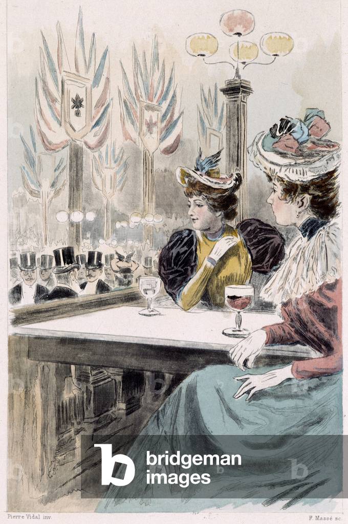 Au Moulin Rouge: women sitting in front of a glass - in “” Nos contemporains”” by Octave Uzanne, 1894