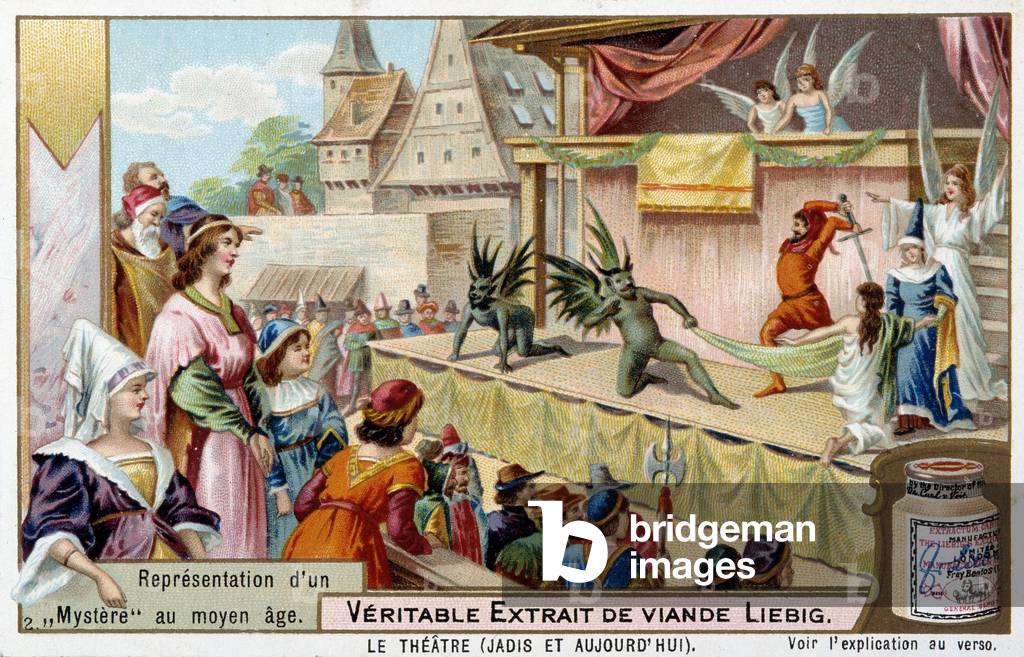 Theatre: representation of a mystery in the Middle Ages - Liebig chromolithography, 19th century