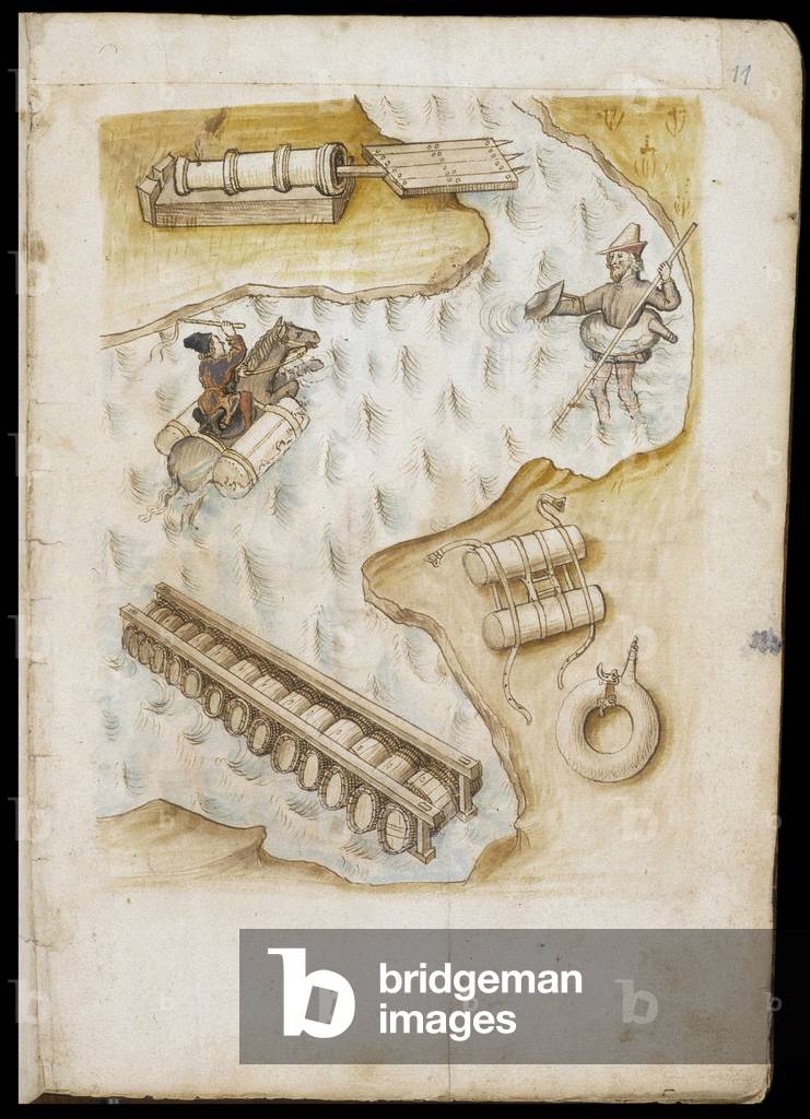 Various systems of buoys and rafts for evolution on water - Manuscript: parchment sheet of an engineer's manual for the construction of civil, religious and military buildings, anonymous, late 15th century (figure in Chinese ink)