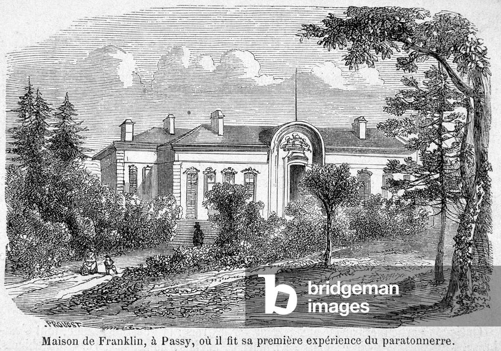 Benjamin Franklin's house in Passy, where he made his first experience of lightning rod - engraving, 19th century