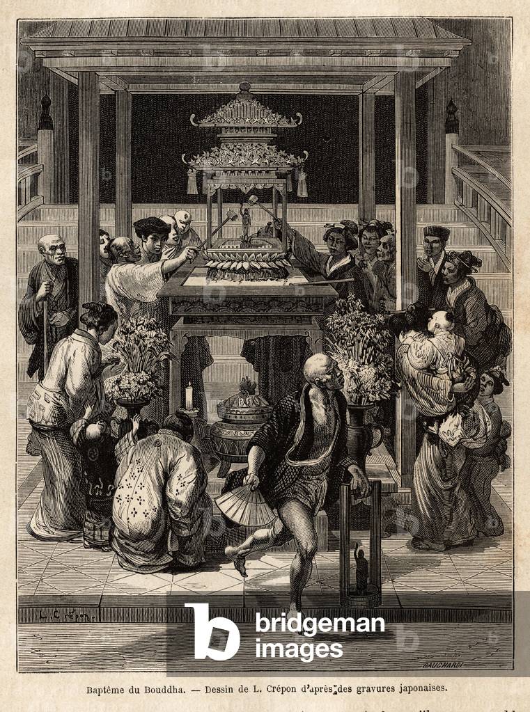 The baptism of the Buddha, an annual feast that takes place on the 8th day of the 4th month, devotees water the bronze statue of the Buddha exposed for the occasion in front of the temples. Engraving to illustrate the journey to Japan, by Aime Humbert, minister of the Swiss Confederation, in 1863-1864, published in “” le tour du monde””, under the direction of D'Edouard Charton, Hachette, Paris 1869.Selva Collection.