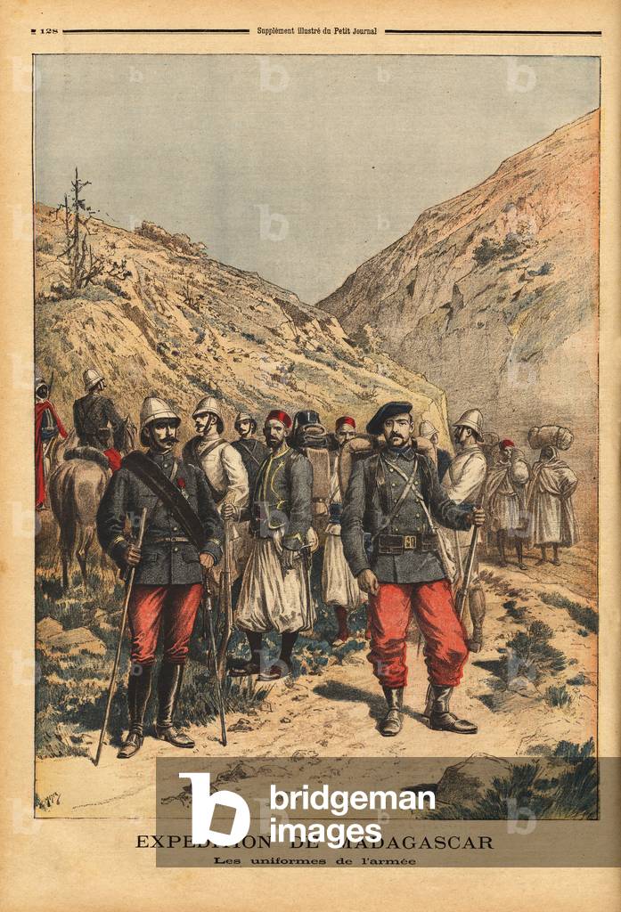 The uniforms of the army, a campaign outfit for the expedition from Madagascar. Engraving in “” Le petit journal”” 21/04/1895. Selva's collection.