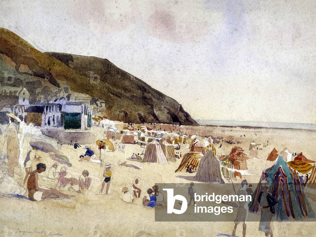 La plage à Carolles - watercolour by J. Simon, v.1930, Musee d'Avranches