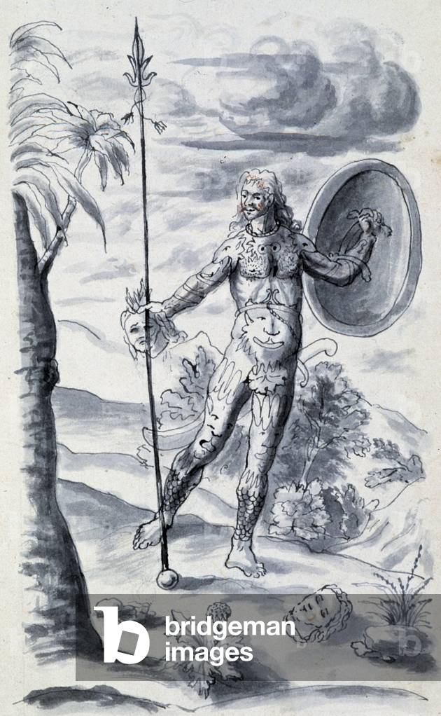 Indian in war paintings having cut off the heads of his enemies - in “Dialogue ou interview d'un francais avec un savage””, 1758
