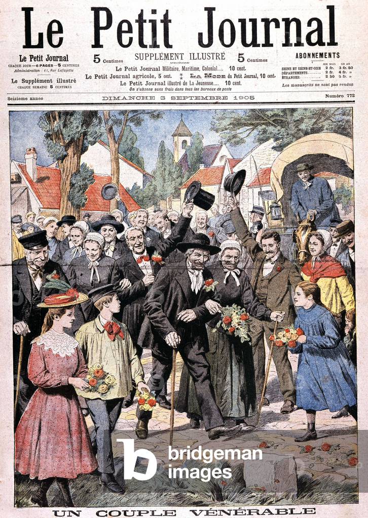 A venerable couple: Augustin Farion, centenary on his wife's arm. They're cheered by the crowd. Cover 